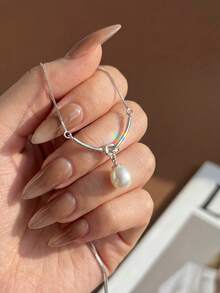 1pc Water Drop Shaped Pearl Necklace, 925 Sterling Silver, Elegant Water Drop Pendant With Shiny Beads, Minimalist Design, Timeless Accessory - Teardrop Pearl Necklace - View 2