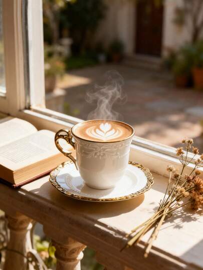 1pc 200ml Luxury Gold-Plated Bone China Coffee Cup, European Retro Style White Porcelain With Gold Trim, Round Body With Embossed Floral Pattern, Gold-Plated Handle And Saucer, Suitable For Coffee/Afternoon Tea, Home, Office, Gift-Giving, Spring & Autumn