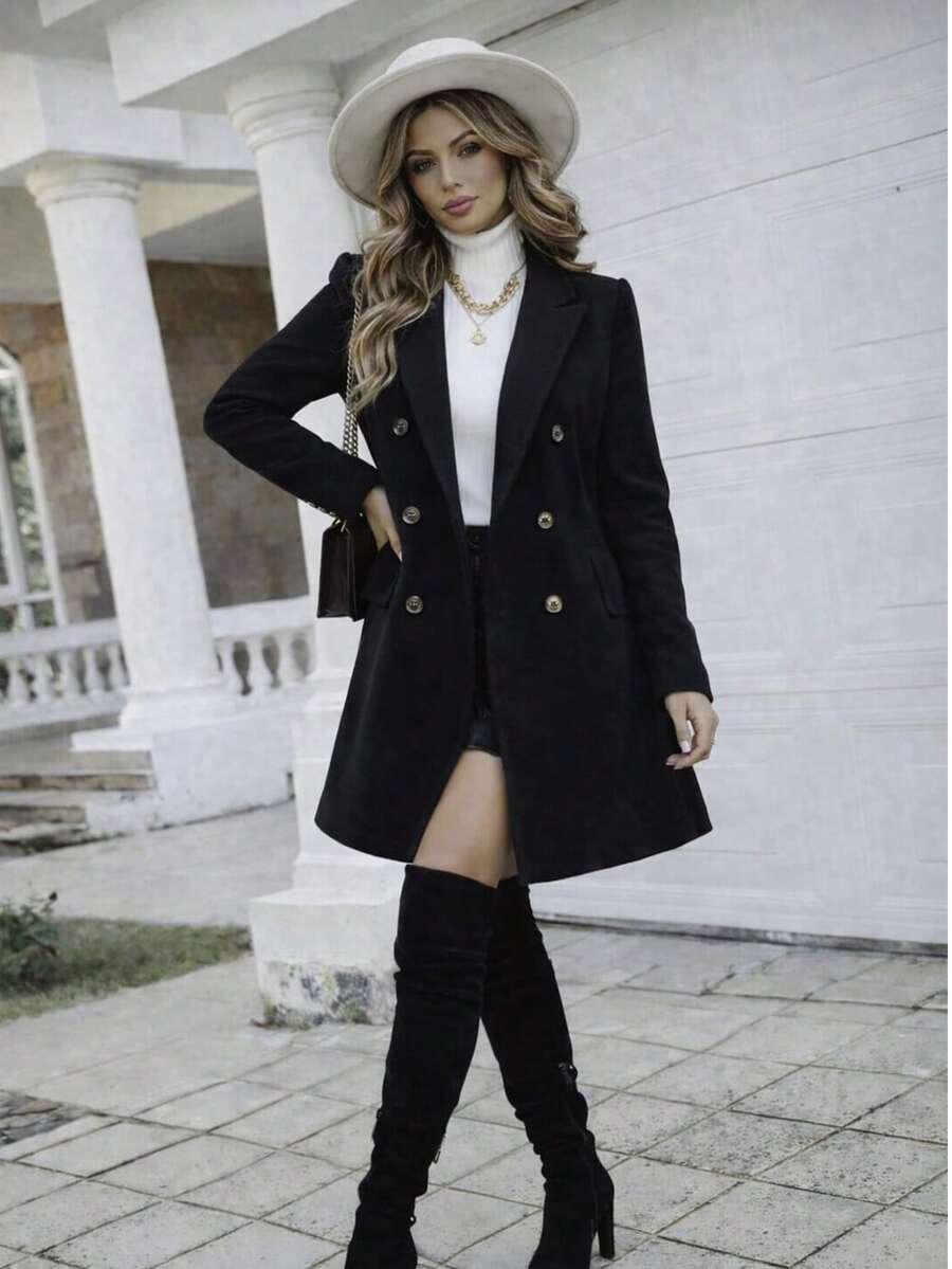 Women's Long Coat In Solid Color00 - Black - View 1