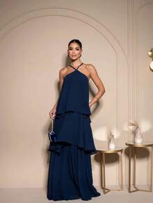 Sophisticated Long Party Dress Without Glitter, Suitable For Bridesmaids And Wedding Guests. - Navy Blue - View 4
