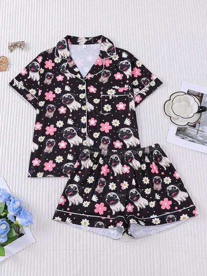 2pcs Kids Cute Puppy & Floral Print Pajamas Set, Girls Short Sleeve Shirt & Shorts, Comfortable Collar With Front Buttons Pockets, Adorable Loungewear Suitable For All Seasons, Party & Casual Wear