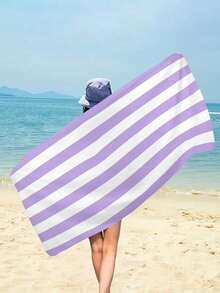 1Pc 29x58 Inch Super Thin Oversized  Stripe Beach Towel, Made With Polyester Cotton And Microfiber Bath Towel, Extra Large  Accessories Essentials Soft Lightweight For Travel Pool Bath Swim Camping Towels Men Women Adults Gift - 紫色 - 查看 4