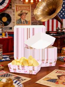 10pcs/30pcs/50pcs Pink Cowgirl Girl & Bow Paper Food Trays, Western Brown Boots Disposable Plates, Cowgirl Girl Bow & Hat Dessert Plates, Pink Cowgirl Theme Party Snack Fries Decor, Wild Cowboy Bridal Baby Shower - Type B - View 6