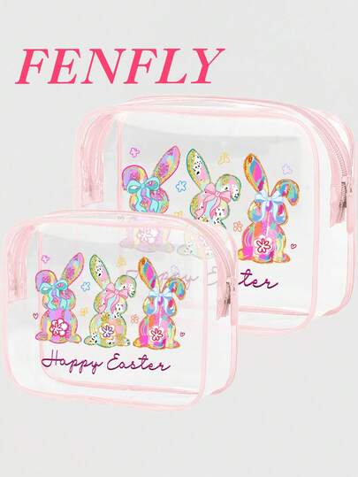 复活节兔子图案透明洗漱包，旅行必备，便携式拉链旅行洗漱包，沙滩透明PVC洗漱包，防水收纳袋，透明收纳袋，便携式化妆包，易于擦拭清洁，科技感十足的收纳神器 | 现代美学 | 防褪色材质，旅行必备，度假，暑假，返校，学校用品包，洗漱包，旅行防水洗漱包