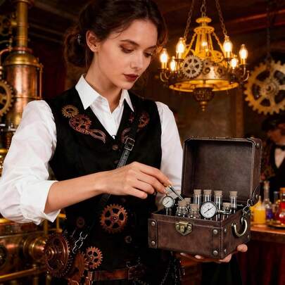 中世纪仿皮炼金术士盒，内含12个软木药水瓶，梦幻便携斜挎包，可收纳珠宝和骰子，街头风，万圣节和狂欢节主题——完美适用于中世纪节日万圣节角色扮演游戏