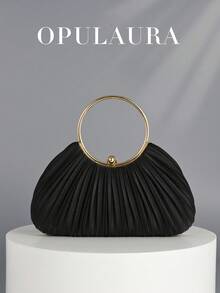 Women's Elegant Pleated Evening Clutch With Gold Circular Handle, Luxury Shiny Formal Handbag, Glamorous Metallic Purse Suitable For Gown, Ball, Wedding, Perfect For Bride, Bridesmaid & Birthday Dress Matching, Ideal Clutch Bag For Party, Prom, Dinner & Banquet With Holiday & Sequin Dresses - 黑色 - 查看 1