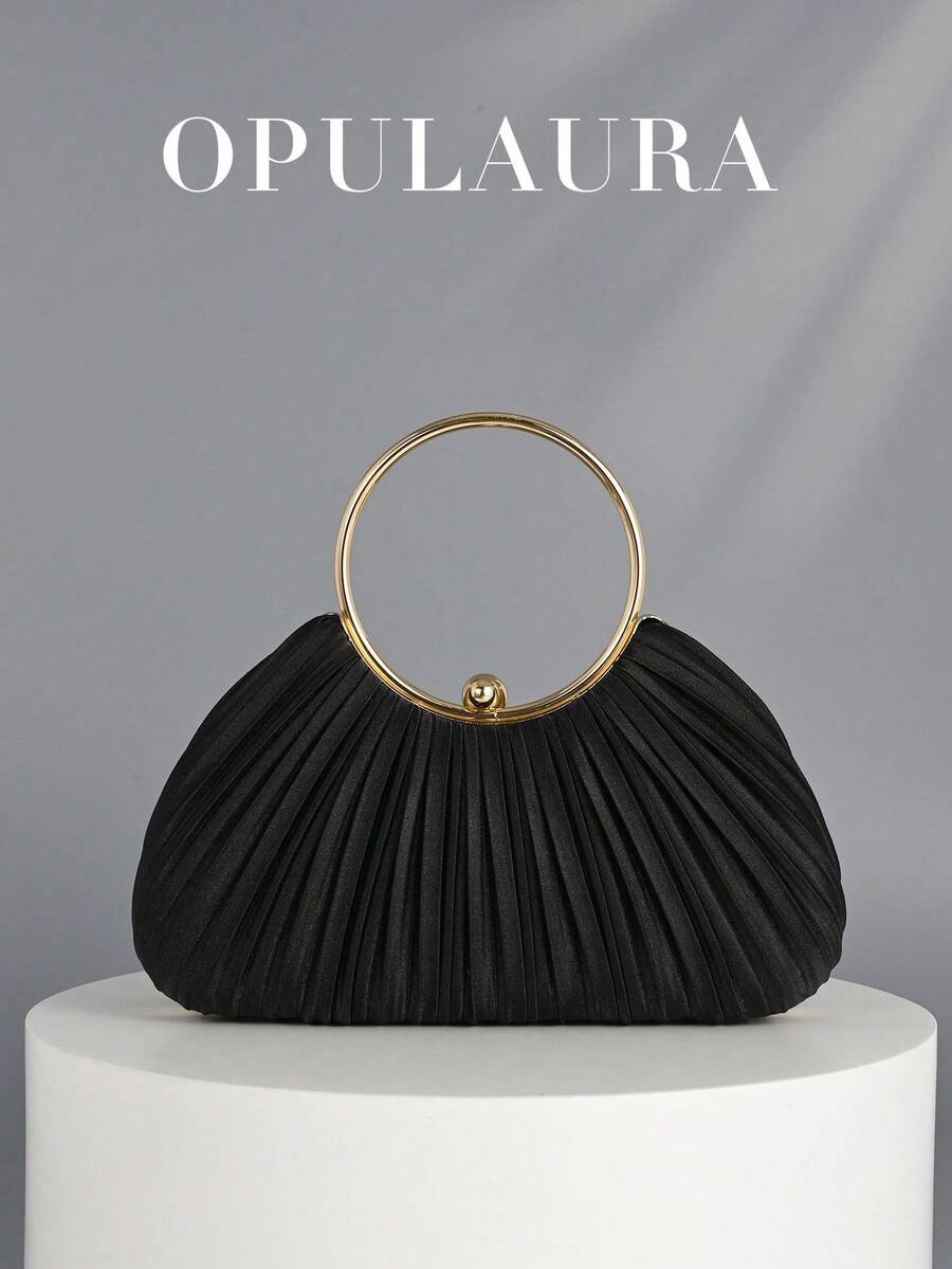 Women's Elegant Pleated Evening Clutch With Gold Circular Handle, Luxury Shiny Formal Handbag, Glamorous Metallic Purse Suitable For Gown, Ball, Wedding, Perfect For Bride, Bridesmaid & Birthday Dress Matching, Ideal Clutch Bag For Party, Prom, Dinner & Banquet With Holiday & Sequin Dresses - 黑色 - 查看 1