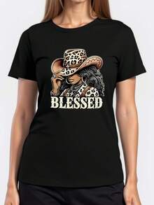 T-Shirt with a Cowboy Prayer Design, Short-Sleeved Casual Round Neck Top, Women'S Clothing for Spring And Summer - Negro - Ver 1