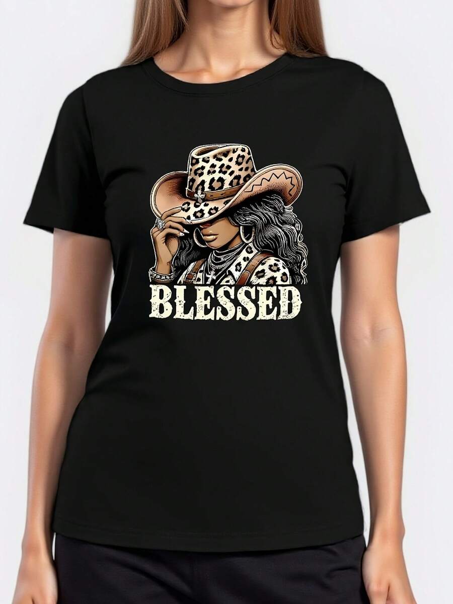 T-Shirt with a Cowboy Prayer Design, Short-Sleeved Casual Round Neck Top, Women'S Clothing for Spring And Summer - Negro - Ver 1