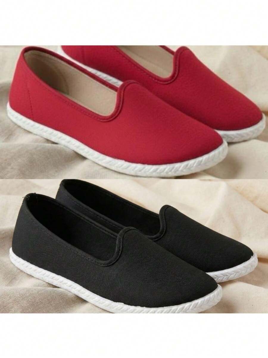 Kit Of 2 Pairs Of Women's Casual Flexible Lightweight Soft Comfortable Flats - Đen + Đỏ - Xem 1