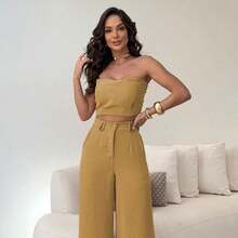 Women's Set High Waisted Wide Leg Pants And Cropped Top In Duna - Ocre - View 8