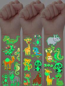 12 Sheets With 130 Animal-Themed Glow-In-The-Dark Tattoo Stickers, Featuring Luminous Temporary Tattoos With Cute And Fun Cartoon Designs Of Pandas, Penguins, Kangaroos, Rabbits, Tigers, Lions, And Giraffes. They Are Waterproof, Realistic - Multicolor - View 1