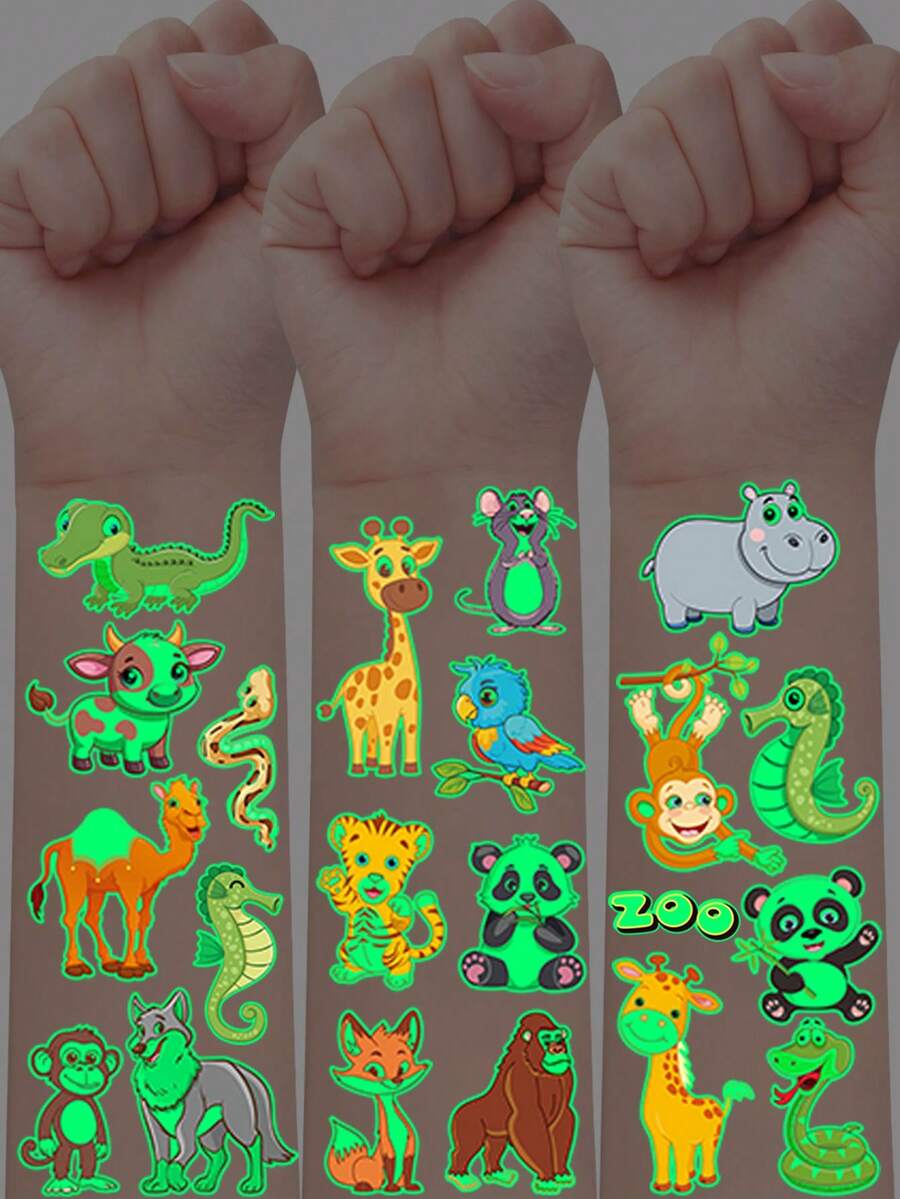12 Sheets With 130 Animal-Themed Glow-In-The-Dark Tattoo Stickers, Featuring Luminous Temporary Tattoos With Cute And Fun Cartoon Designs Of Pandas, Penguins, Kangaroos, Rabbits, Tigers, Lions, And Giraffes. They Are Waterproof, Realistic - Multicolor - View 1