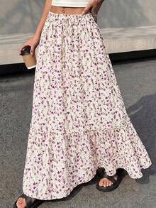 Women Floral Boho Elastic High Waist Flowy Tiered A-Line Maxi Skirt Spring Summer Holiday Beach Vacation Long Skirts With Pockets - 白色紫色花 - 查看 3