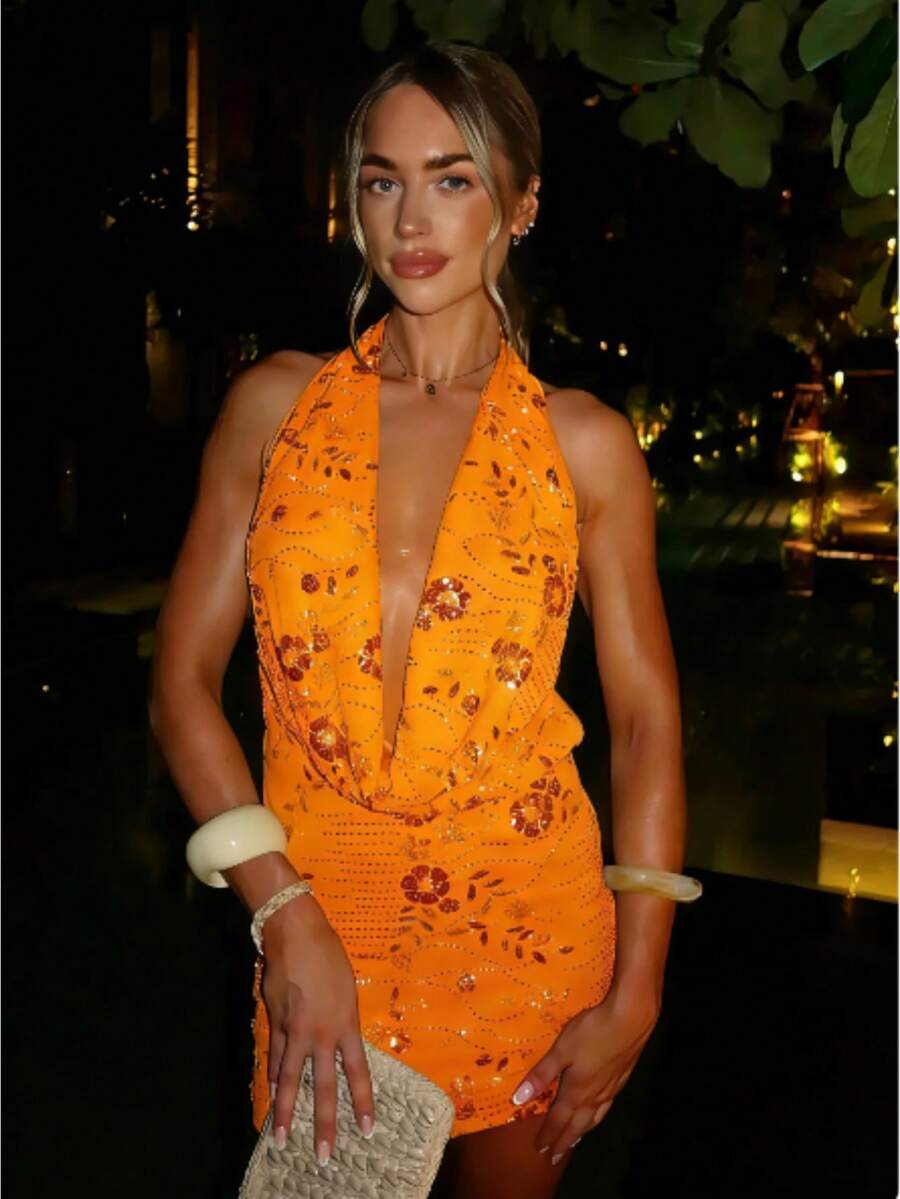 Women's Sparkly Sequin Halter Mini Dress Cowl Neck Sleeveless Backless Bodycon Party Club Short Dress - 亮黃色 - 查看 1