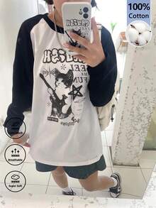 Camiseta de manga larga estilo raglan con contraste blanco y negro en estilo punk Y2K, camiseta gráfica retro con estampado de gato para mujer - Blanco - Ver 1