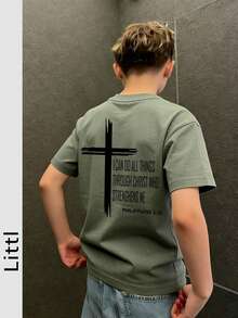 Tween Boys Casual Printed Round Neck Short Sleeve T-Shirt, Summer Top - Olive Green - View 9