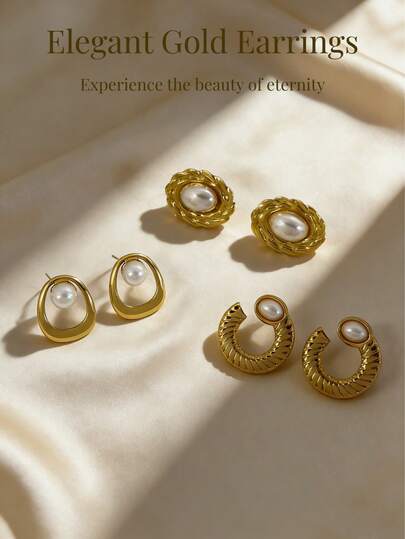 3 Pairs Elegant Gold-Color Pearl Earrings, Made Of 18K Gold Plated Stainless Steel, Allowing Elegance To Linger By The Ears - Perfect Holiday/Birthday Gift. Earring Set, Women's Earring Set, Luxury, Gold Plated Jewelry, Women's Beach Accessories, Beach Earrings