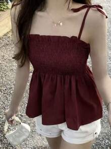 T109 Short Top With Straps And Ruffles - Burgundy - View 1
