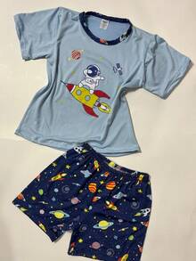 Boys' Astronaut Pajamas, Suede, Short Sleeves And Shorts, Summer - Baby Blue - View 4