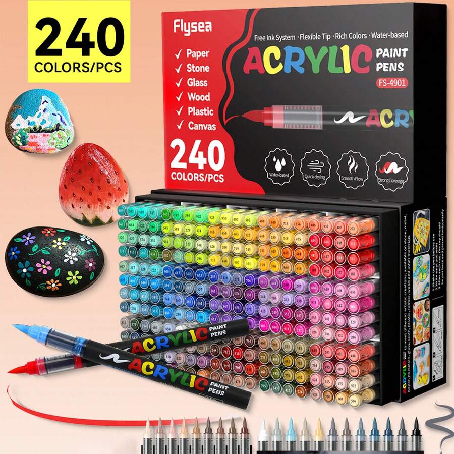 240色丙烯颜料马克笔套装，笔头柔软，自动上墨，色彩鲜艳，可堆叠，覆盖力强，适用于陶瓷、织物、木材、画布、玻璃、鸡蛋、石头绘画和DIY工艺品制作。