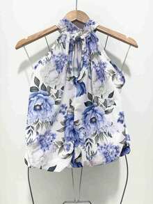 Stylish Women's Floral High Neck Blouse - Baby Blue - View 3