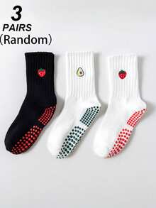 1/2/3 Pairs Women's Pilates Non-Slip Yoga Socks, Grip Socks With Traction, Neutral Hospital Socks, Ankle Support, Shock-Absorbing Sports Socks, Soft And Comfortable All-Season Grip Socks, Cute Embroidered Strawberry, Avocado, Cherry Patterns, White Socks - Multicolor - View 15