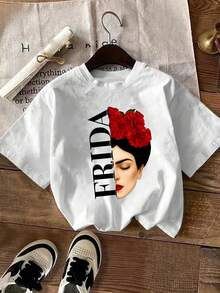 Yuega Tshrit 1pcPlus Size - Plus Size - Elegant Women'S T-Shirt| Artistic Style Side Portrait With Red Floral And "FRIDA" Print, Summer New Short Sleeve, Crew Neck, Slight Stretch FabricSummer Clothing Tops - 白色 - 查看 1