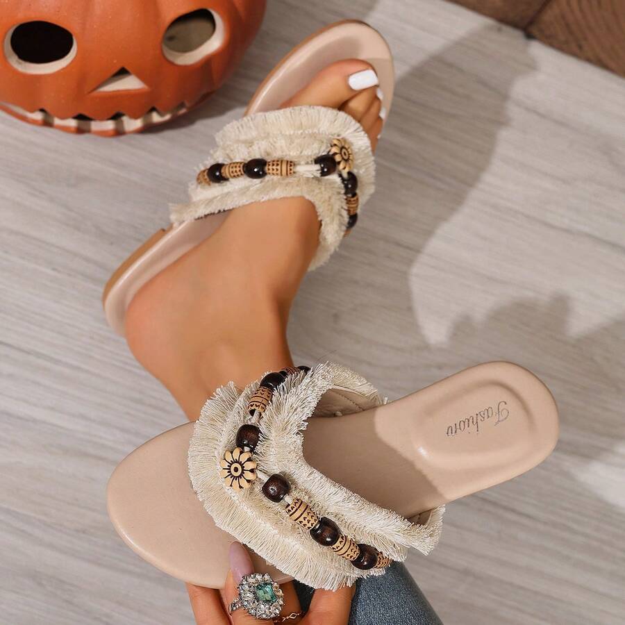 Women's Casual Flip Flops, Bohemian Beaded Round Toe Slip-On Sandals For Summer - Beige - View 1