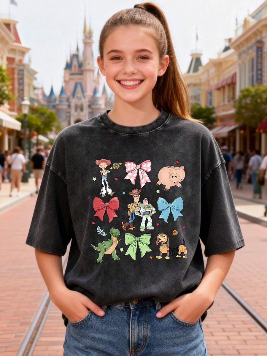 Camiseta de algodón lavado vintage de Disney con estampado de dibujos animados de Mickey y sus amigos. Tela 100% algodón suave y cómoda con cuello redondo en estilo Y2K, perfecta para uso diario, compras, fiestas o como regalo - Negro - Ver 1