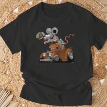 DigiRods Rat Rod Racer 1930s Rust Hot Rod Truck Cartoon Top-Shirt Unisex Cotton Black Printed Short Sleeve-Shirt, Vintage Street Style Casual Versatile Top Tee. - 黑色 - 查看 3