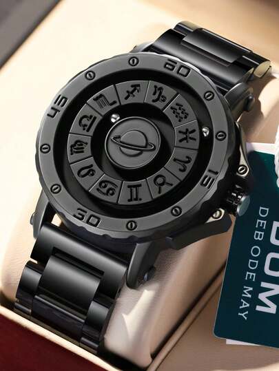 DOM 1 件男士手表，科技十二星座运动风格磁吸式真皮表带防水休闲腕表，时尚百搭，适合送礼和日常佩戴