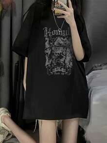 女士新款字母骷髅印花圆领宽松休闲百搭 T 恤，夏季 - 黑色 - 查看 1