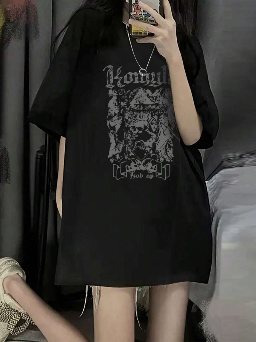 女士新款字母骷髅印花圆领宽松休闲百搭 T 恤，夏季 - 黑色 - 查看 1