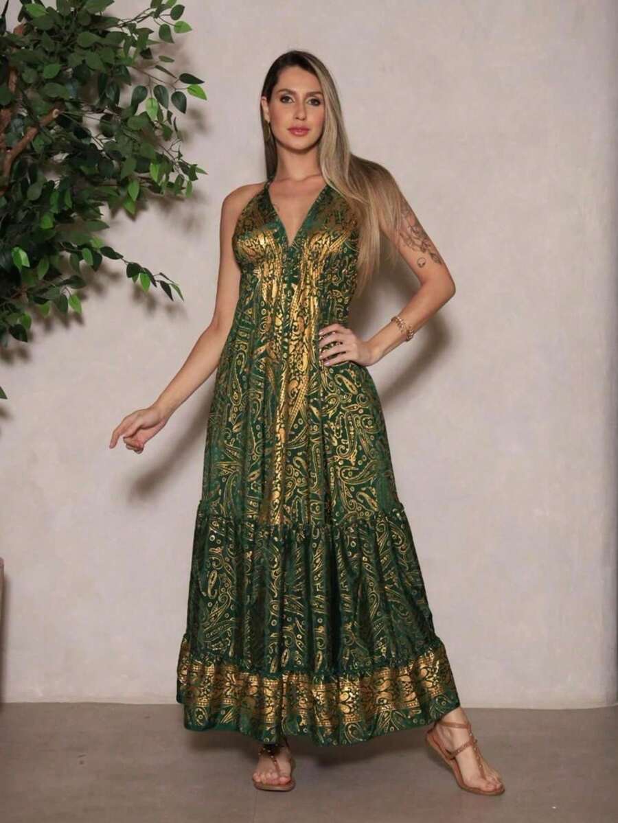 Elegant White Long Dress For Women In Printed Silk - Fluorescent Green - View 1