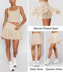 Women's Mini Skirt Skort Flowy Pleated High Waisted Ruffle Tennis Skirts For Women Athletic Skater Golf With Shorts Pockets - Màu be - Xem 3