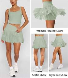Women's Mini Skirt Skort Flowy Pleated High Waisted Ruffle Tennis Skirts For Women Athletic Skater Golf With Shorts Pockets - Green - View 3
