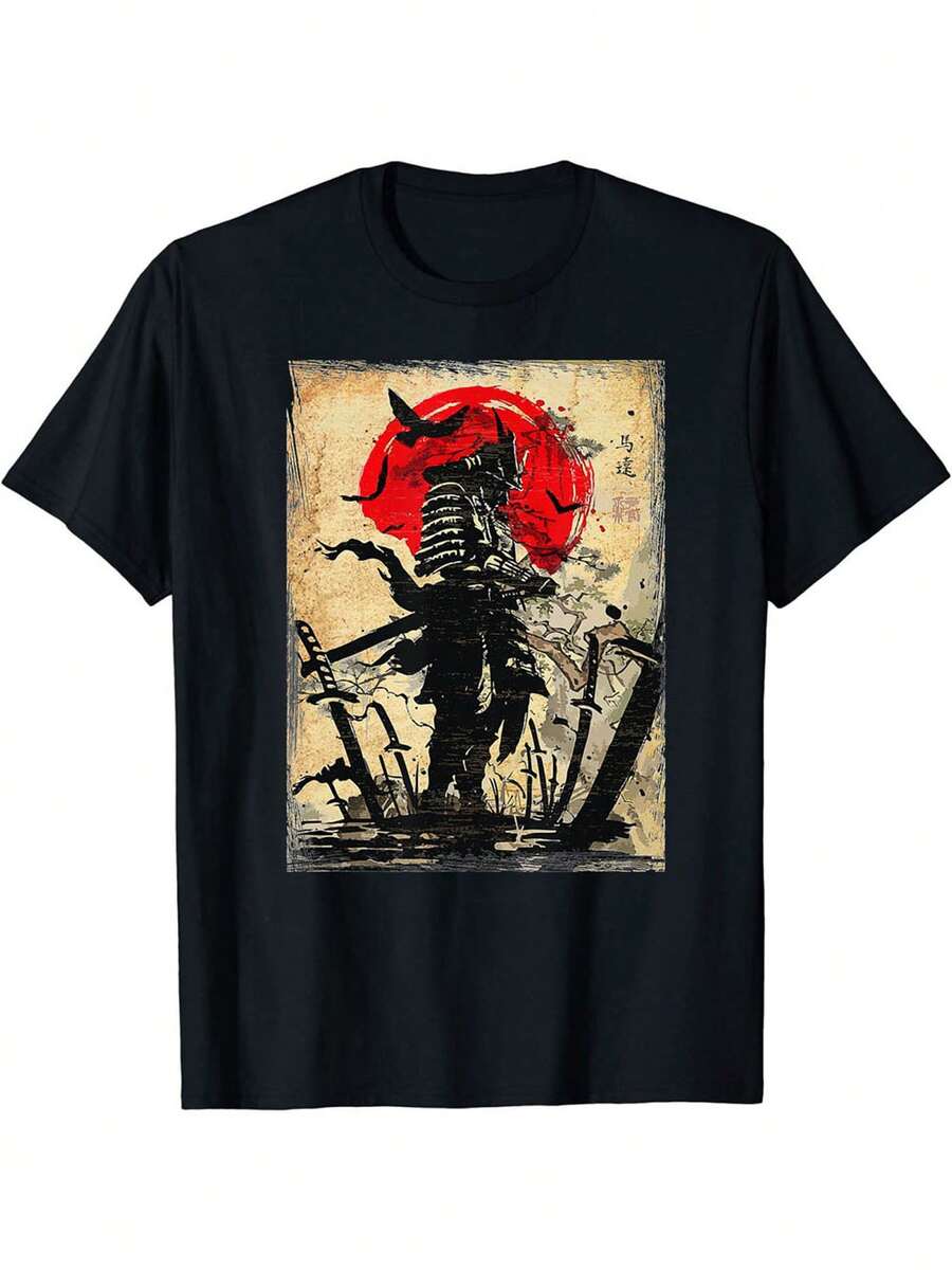 Camiseta con Estampado de Guerrero de Dibujos Animados, Camiseta Casual Elástica de Cuello Redondo para Hombre para Primavera Verano, Camisetas Estampadas para Hombre, Camiseta Unisex de Anime, Camiseta Gráfica de Anime, Camiseta Gráfica de Manga Corta - Camiseta de Moda Fresca de Verano para Uso Casual en Todas las Temporadas Moda de Verano, Ropa Casual, Estilo Urbano, Conjuntos para el Día a Día, Cómodo, Moderno, Estilo de Vida Activo, Clásico, Look de Verano Relajado, El mejor regalo para Hombres - Negro - Ver 1