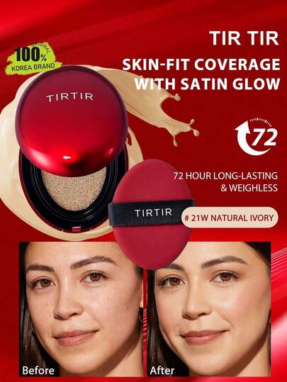 TIRTIR MASK FIT 红色气垫粉底液 21W 自然象牙色，轻盈遮瑕，哑光妆效，透气保湿，微薄保湿，持久持妆，无油祛痘配方，保湿磁吸层，真空清新芯，磁吸旅行迷你装，韩国彩妆，18克/0.63盎司