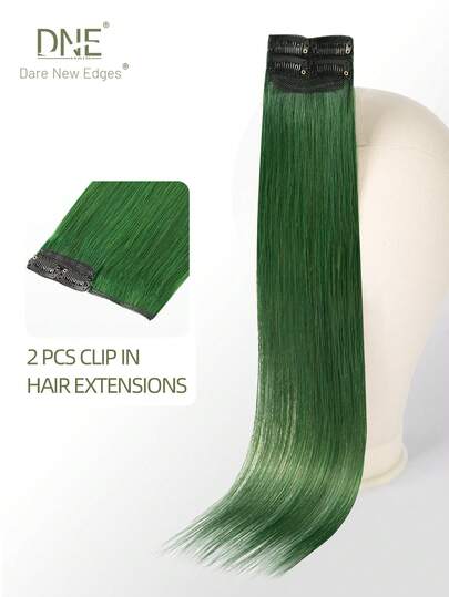 DNE HAIR Tóc nối kẹp màu sắc 100% tóc thật, màu xanh lá cây #2 miếng kèm 4 kẹp, kiểu tóc thẳng highlight nhiều màu sắc, tóc nối cầu vồng phù hợp với mọi loại tóc và tín đồ thời trang.