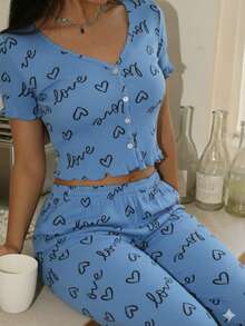 Women's Pajama Set Sleepwear Blouse And Cropped Top With Heart Print, Button-Down Cropped Top, Elastic Waist Pants, Warm Suede, Everyday Wear, Sizes P, M, G, GG, Night Comfort Line - 淺藍色 - 查看 2