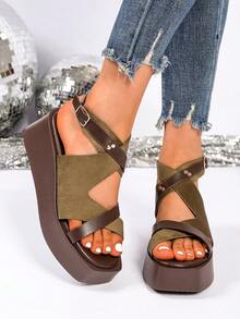 Giày sandal đế xuồng quai chéo dành cho nữ với khóa cài ở mắt cá chân. - Màu xanh Ô liu - Xem 3