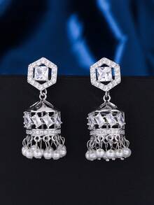 一对优雅的Jhumka耳环，镶嵌锆石和珍珠流苏，创意圆柱形耳坠，宝莱坞风格奢华Jhumki耳环，适合女孩、女士日常、节日、婚礼和派对佩戴/珠宝礼品 - Classic - 查看 6