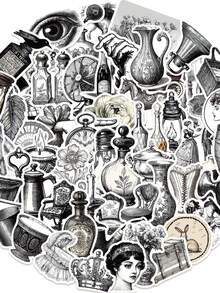 60张黑白复古贴纸，简约低调美学，适用于日记本、手机壳、平板电脑、水瓶、桌面、行李箱，防水贴纸 - 彩色 - 查看 8