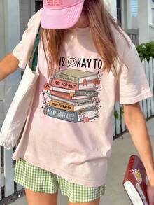 返校必备！这款休闲印花圆领短袖T恤是夏季少女的理想之选，也是年轻学生校园穿搭的完美搭配。它印有“热爱学校和阅读”的图案，展现了少女的艺术个性，激发她们的想象力和自我表达！少女印花T恤，夏季上衣，青少年款。 - 粉色 - 查看 2