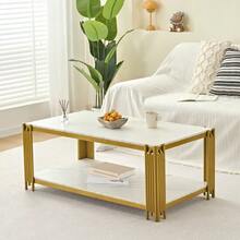 Rectangular Coffee Table With Metal Legs And Marble-Effect Top, Modern Living Room Furniture, White And Gold – H 46/W 1140/D 64 Cm - View 2