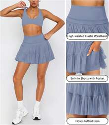 Women's Mini Skirt Skort Flowy Pleated High Waisted Ruffle Tennis Skirts For Women Athletic Skater Golf With Shorts Pockets - 藍色 - 查看 4