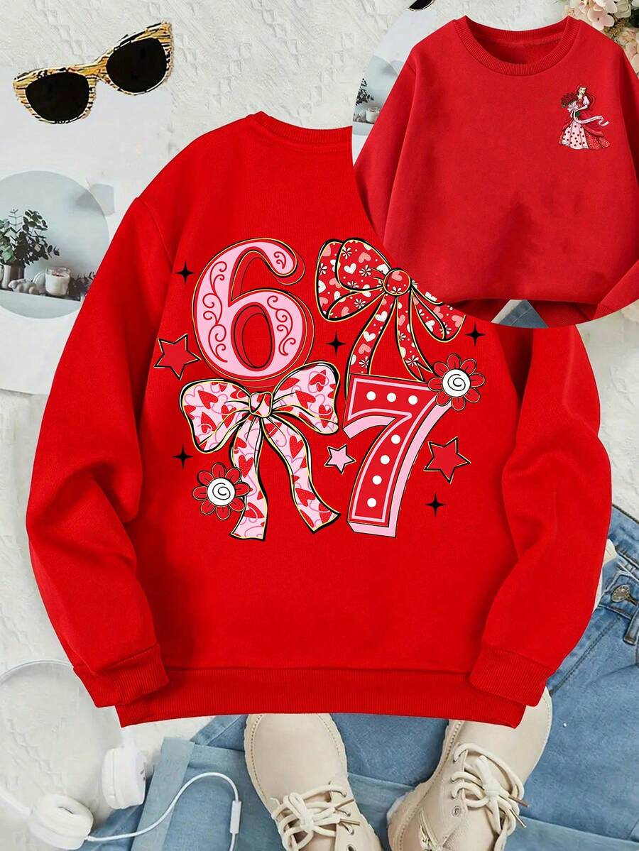 This Disney Girls' Sweatshirt Features A Creative Double-Sided Print Of The Number "67" From Ariel, The Princess Of Disney. It's A Round Neck Sweatshirt Perfect For Autumn And Winter, Made Of Soft And Comfortable Fabric, Suitable For Everyday Wear, Shopping, School, And Casual Occasions. It Also Makes A Wonderful Gift. - Red - View 1