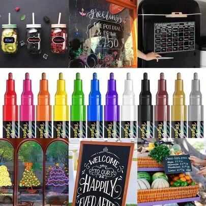 12 Colors Liquid Chalk Markers, Suitable For All Non-Porous Surfaces, Great For Restaurant Menu Boards, Cafe Chalkboards, Whiteboards, Blackboards, LED Writing Boards, Window Signs, Car Windows, Kids Art, School Assignments, Food Containers, Glass, Ceramic Mugs, Etc. School Supplies, Back To School Season