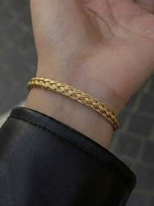 1件极简金色编织手镯 - 复古扭纹开口手镯，可叠戴日常首饰，女士礼物 - 金色 - 查看 2